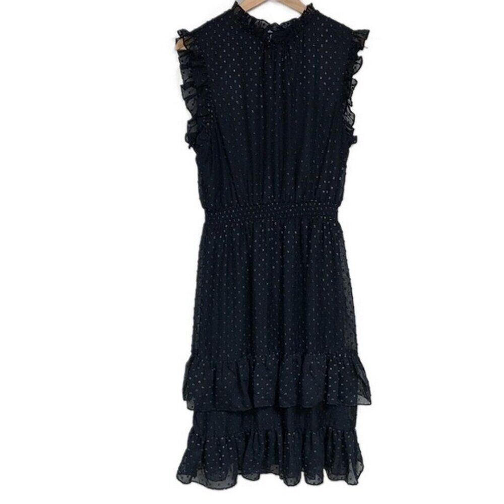AVEC LES FILLES Black Dress Women’s 14 Smocked Ruffle Metallic Dot Party Event - Picture 3 of 10